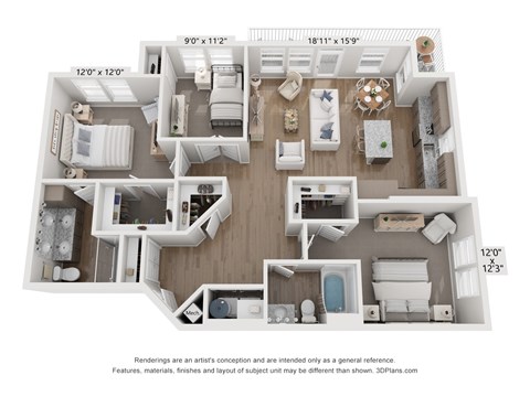 Floor plan for 3 beds, 2 baths, 1285 sqft